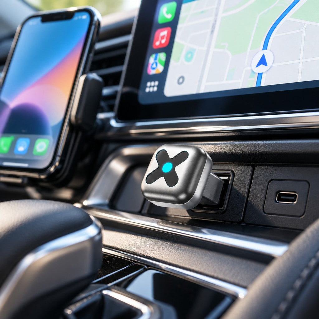 M5 adapter ukopčan u USB port u autu, na ekranu CarPlay mapa